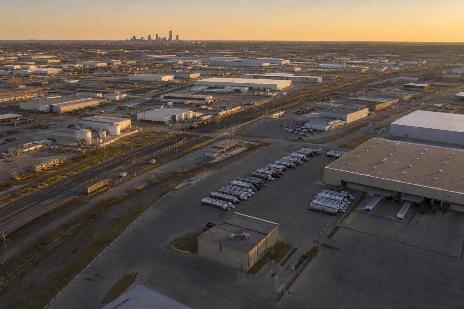 Aerial view of the Oklahoma City industrial corridor at golden hour